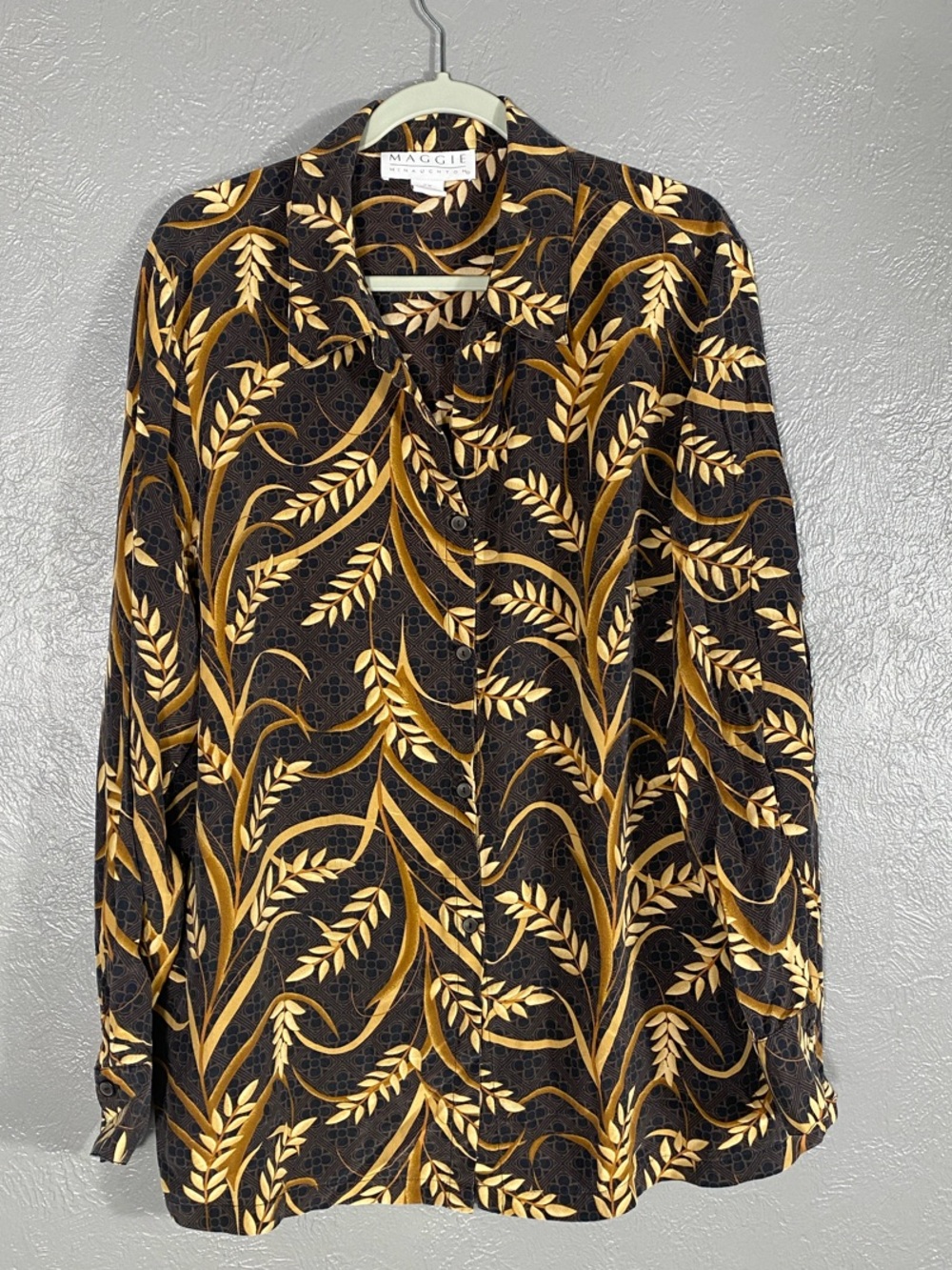 Maggie McNaughton Women's Silk Blouse 2X Botanical Print Button Front Artwear